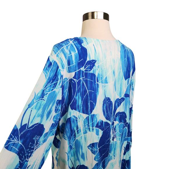 Chicos Womens Tropical Print Blouse Size Large Blue White Split Neck Lightweight - Picture 4 of 10
